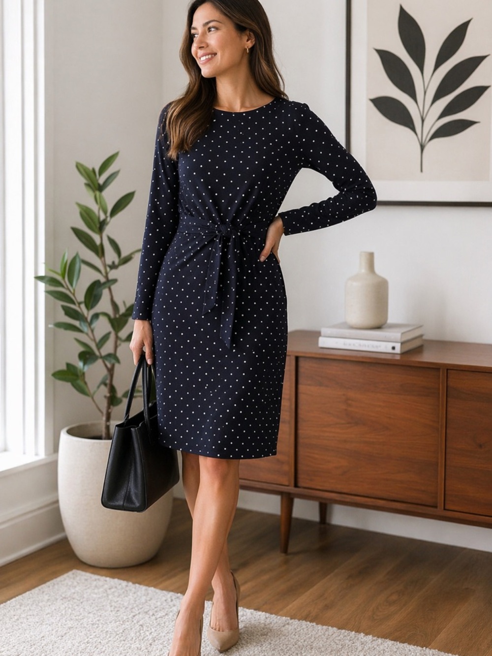 Banana Republic Navy and White Polka Dot Long-Sleeve Tie-Waist Dress
